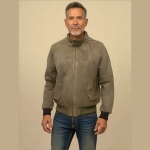 VINTAGE American Outerware Taupe Leather Suede Zip Front Lined Jacket Size 42